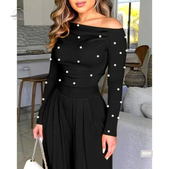 Long Sleeve Jumpsuit with Pearl Decor, Ruched Waist, Regular Fit, Medium - Picture 5 of 7